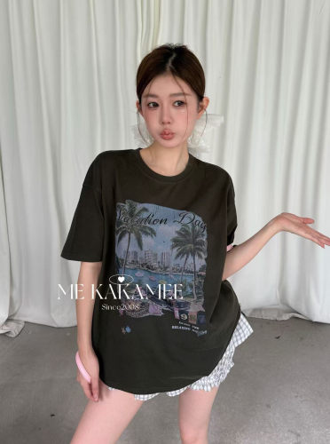 ME KAKAMEE夏新品休闲洗水工艺喷画椰树米奇大版T恤短袖T恤9528