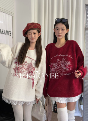 KAKAMEE冬新品圣诞雪人喷画拼接蕾丝花边加厚仿羊羔绒卫衣S3786