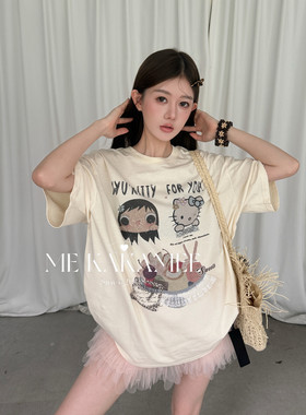 ME KAKAMEE夏新品卡通KT玉儿蛋糕彩喷宽松大版短袖T恤休闲S5157