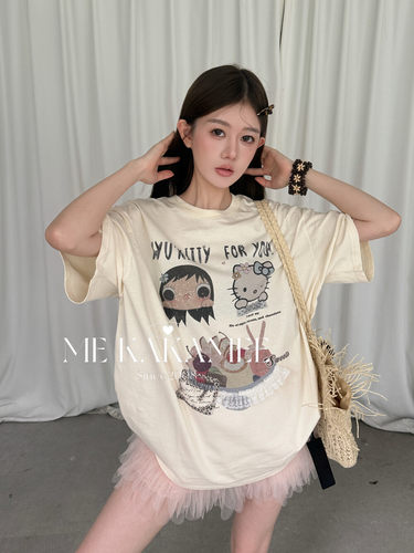 ME KAKAMEE夏新品卡通KT玉儿蛋糕彩喷宽松大版短袖T恤休闲S5157
