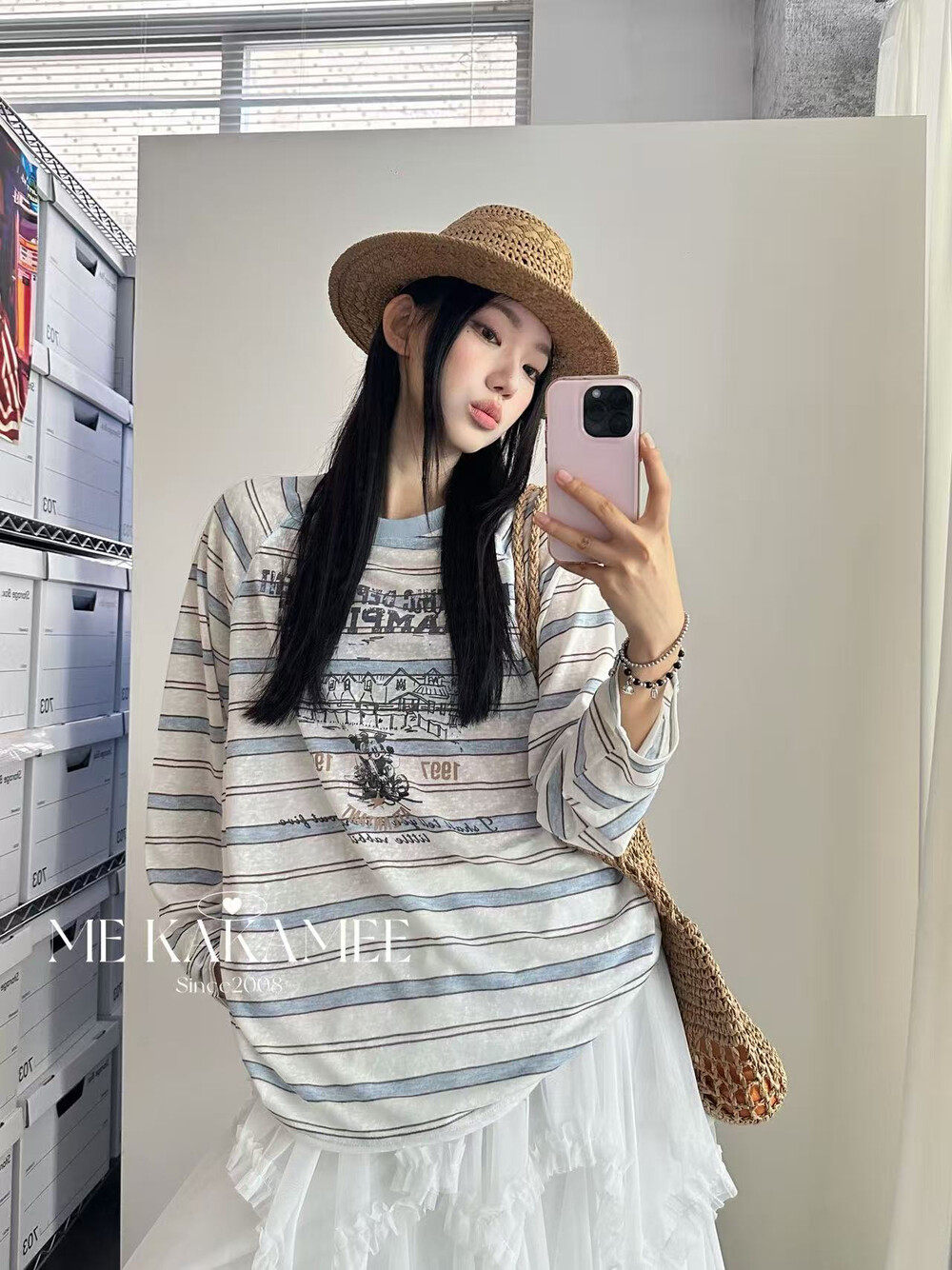 ME KAKAMEE夏新款喷画字母米奇明线雪花棉大版防晒长袖T恤 9281