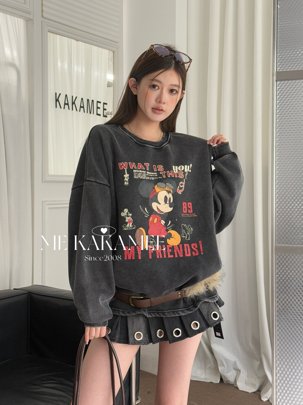 KAKAMEE冬新品美式米奇喷画水洗做旧加厚加绒宽松大版卫衣S3779