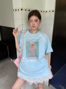 ME KAKAMEE夏新品喷画芭蕾女孩拼接蕾丝设计休闲大版短袖T恤9529