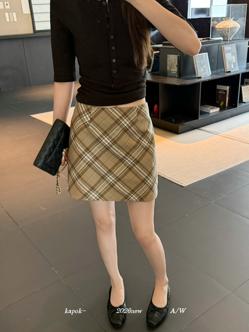 KAPOK秋新款韩版休闲复古格纹百搭显瘦半身裙短裙女26482