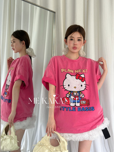 ME KAKAMEE夏新品趣味KT喷画水洗炒纱宽松大版短袖T恤休闲S3987