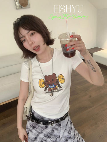 YU夏新款韩系卡通举重Kitty印花弹力正肩小版女短袖T恤26160