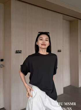 HU早春新款极简风圆领宽松纯色短袖T恤大版上衣女休闲L1503