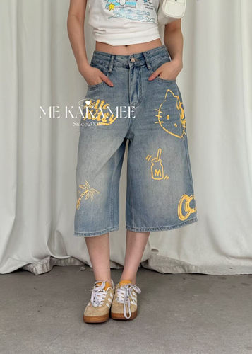 ME KAKAMEE夏新品夏日KT猫设计感七分牛仔裤女休闲裤C0835