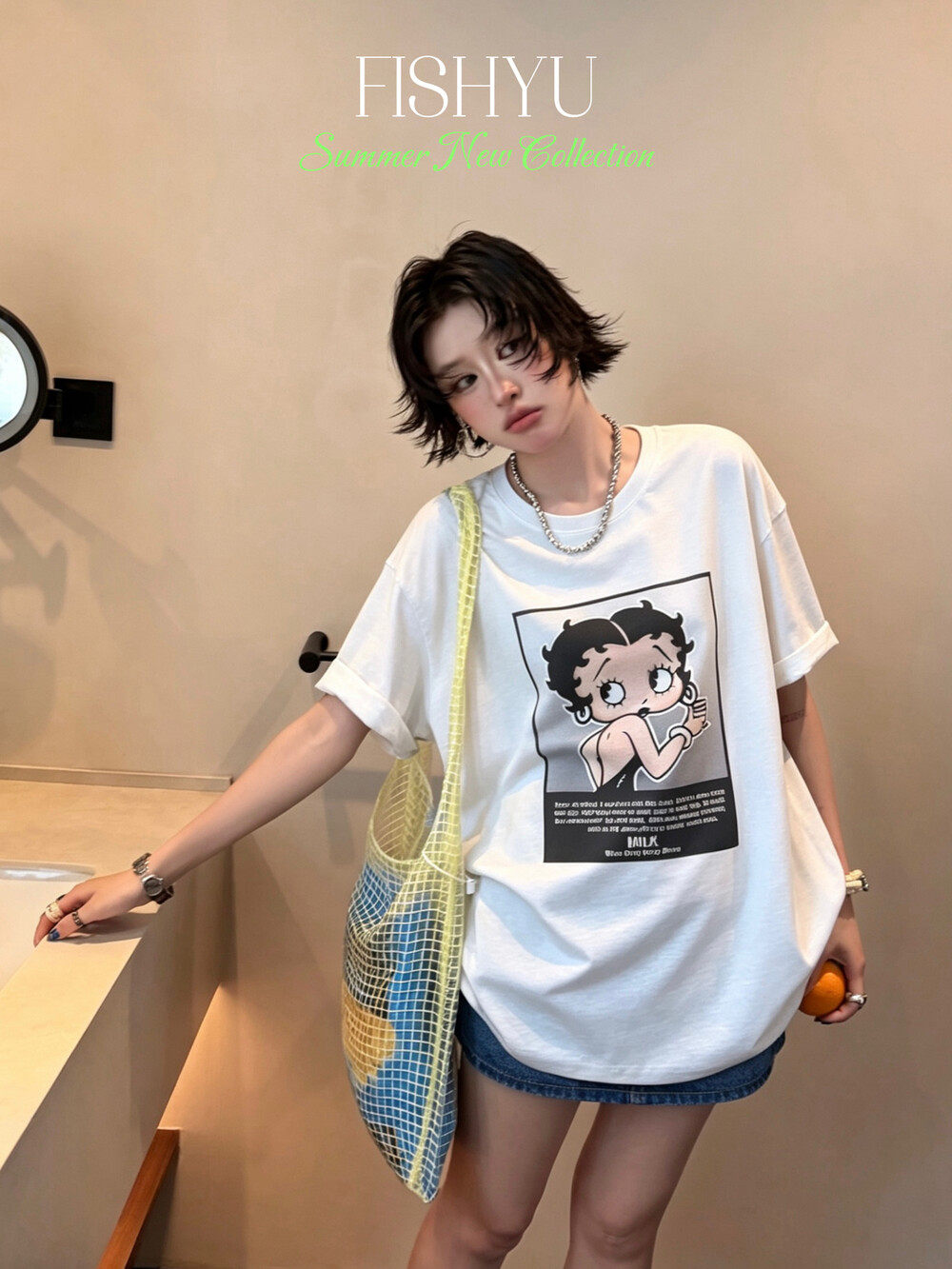 FISH YU美式复古卡通贝蒂女郎前后印花宽松大版圆领短袖T恤26203