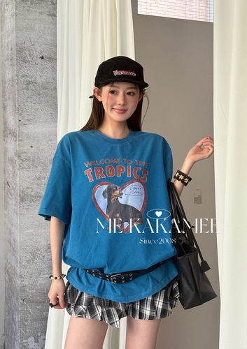ME KAKAMEE美式复古爱心腊肠狗喷画水洗做旧宽松大版短袖T恤S3939