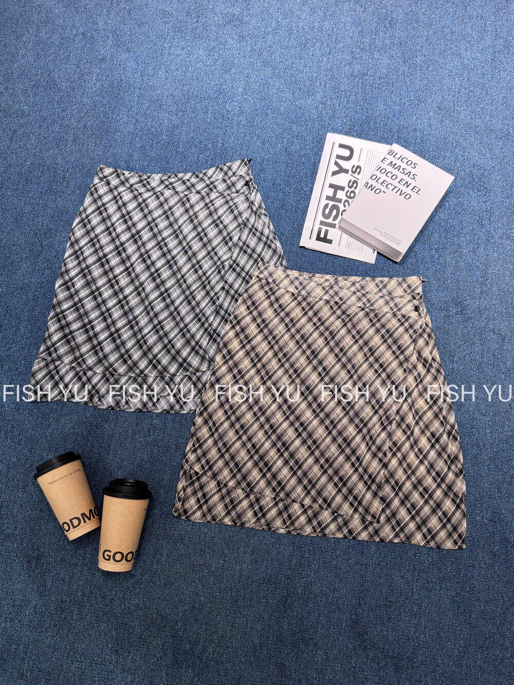 FISH YU夏新款韩版复古斜格纹双层搭片雪纺半身A字裙半身裙626301
