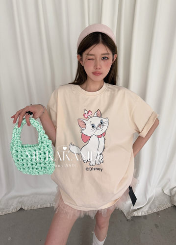 ME KAKAMEE卡通玛丽猫喷画立体蝴蝶结水洗做旧宽松短袖T恤S3935