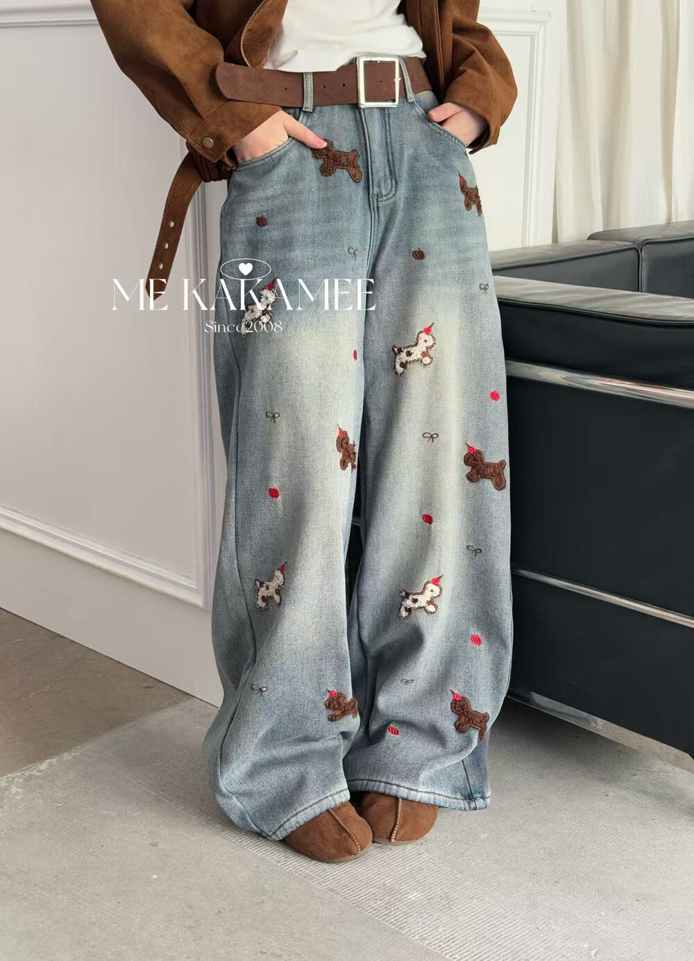 ME KAKAMEE冬新品复古洗水立体植绒圣诞独角兽牛仔裤 配腰带C0650