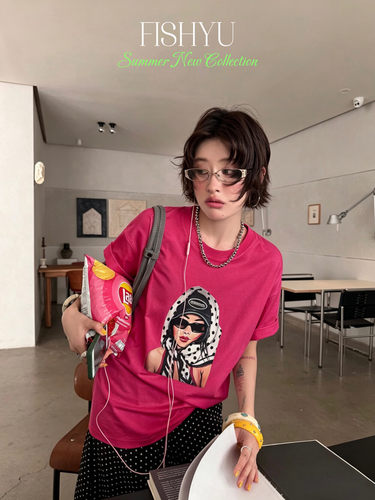 FISH YU夏美式复古波点头巾辣妹白墨印花立体硅胶字母圆领短袖T恤