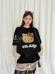 豹纹KT喷画拼接防晒网纱袖 假两件短袖 T恤S3980 KAKAMEE夏新品