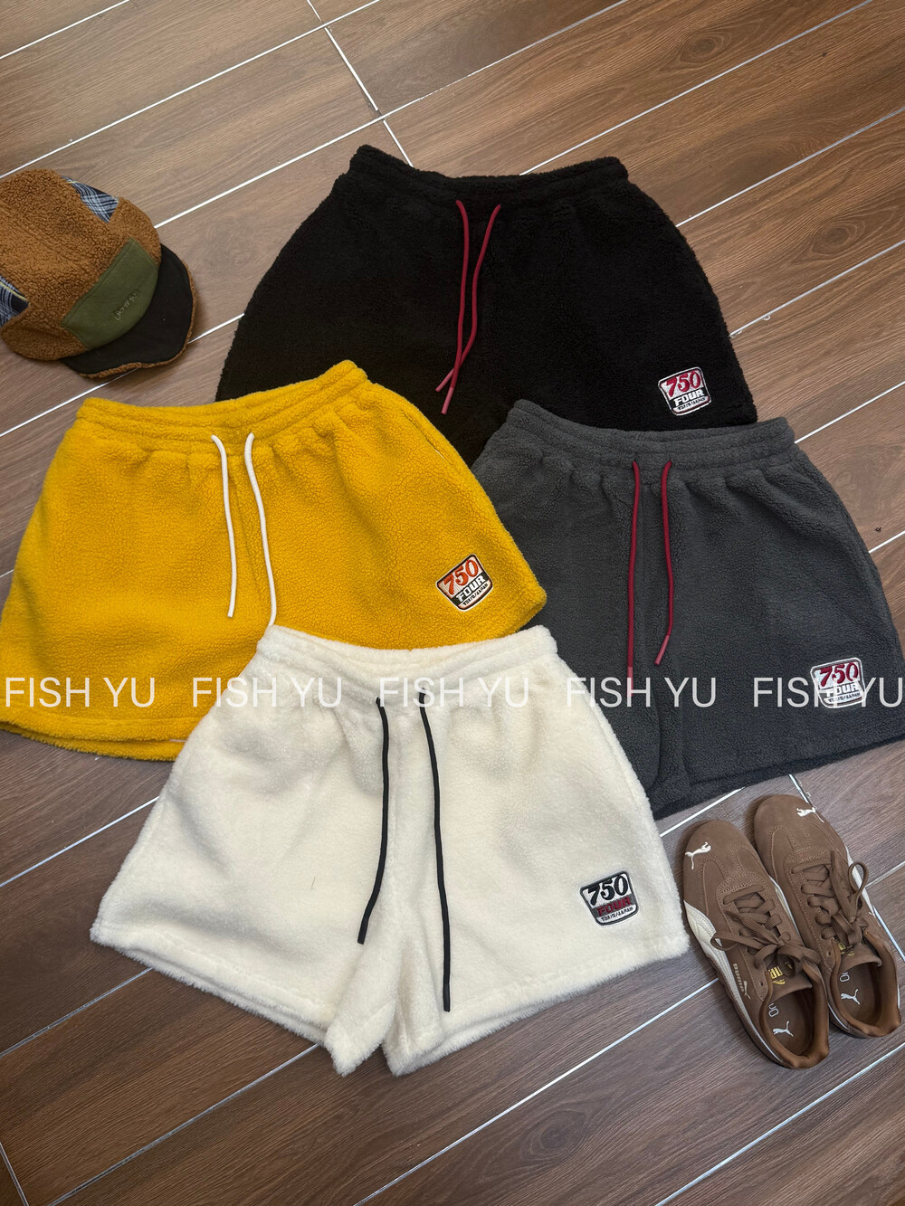 YU冬新款韩货刺绣字母仿羊羔毛松紧腰叠穿休闲短裤女休闲25691