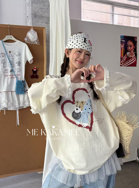 ME KAKAMEE春新品喷画爱心小狗拼接蕾丝大版长袖T恤9162
