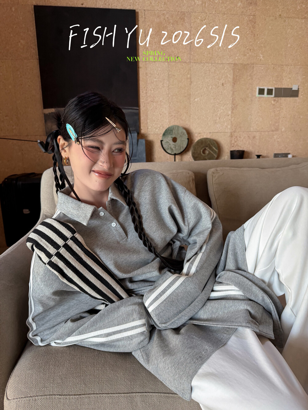 YU新款韩版美式休闲风绑腰设计杠条拼接假两件POLO衫卫衣女