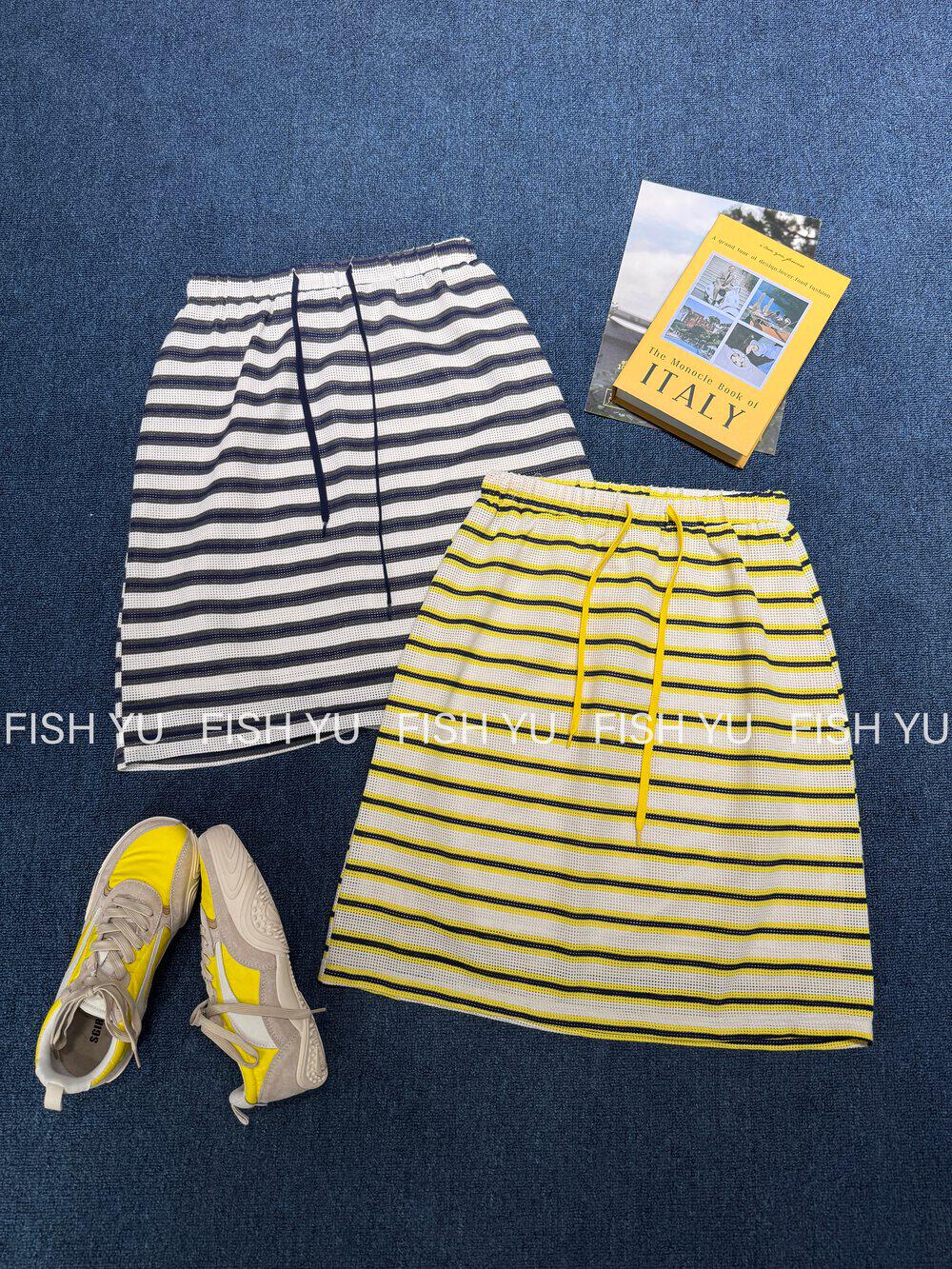 FISH YU夏新款韩系针织网布复古撞色条纹休闲松紧腰中裙半身裙