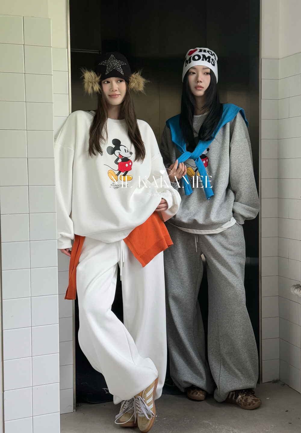 KAKAMEE冬新品韩系慵懒米奇加厚加绒卫衣休闲裤披肩三件套装A3086