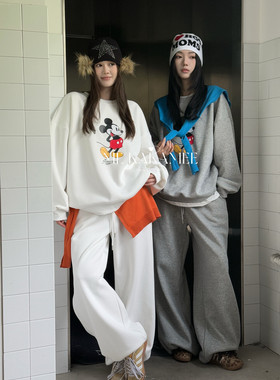 KAKAMEE冬新品韩系慵懒米奇加厚加绒卫衣休闲裤披肩三件套装A3086