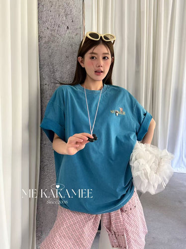 ME KAKAMEE春新品洗水工艺后背喷画海滩KT猫大版短袖T恤9193