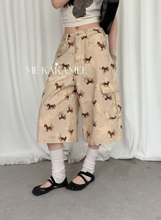 ME KAKAMEE夏季新品美式大口袋马元素设计七分工装牛仔裤女C0785