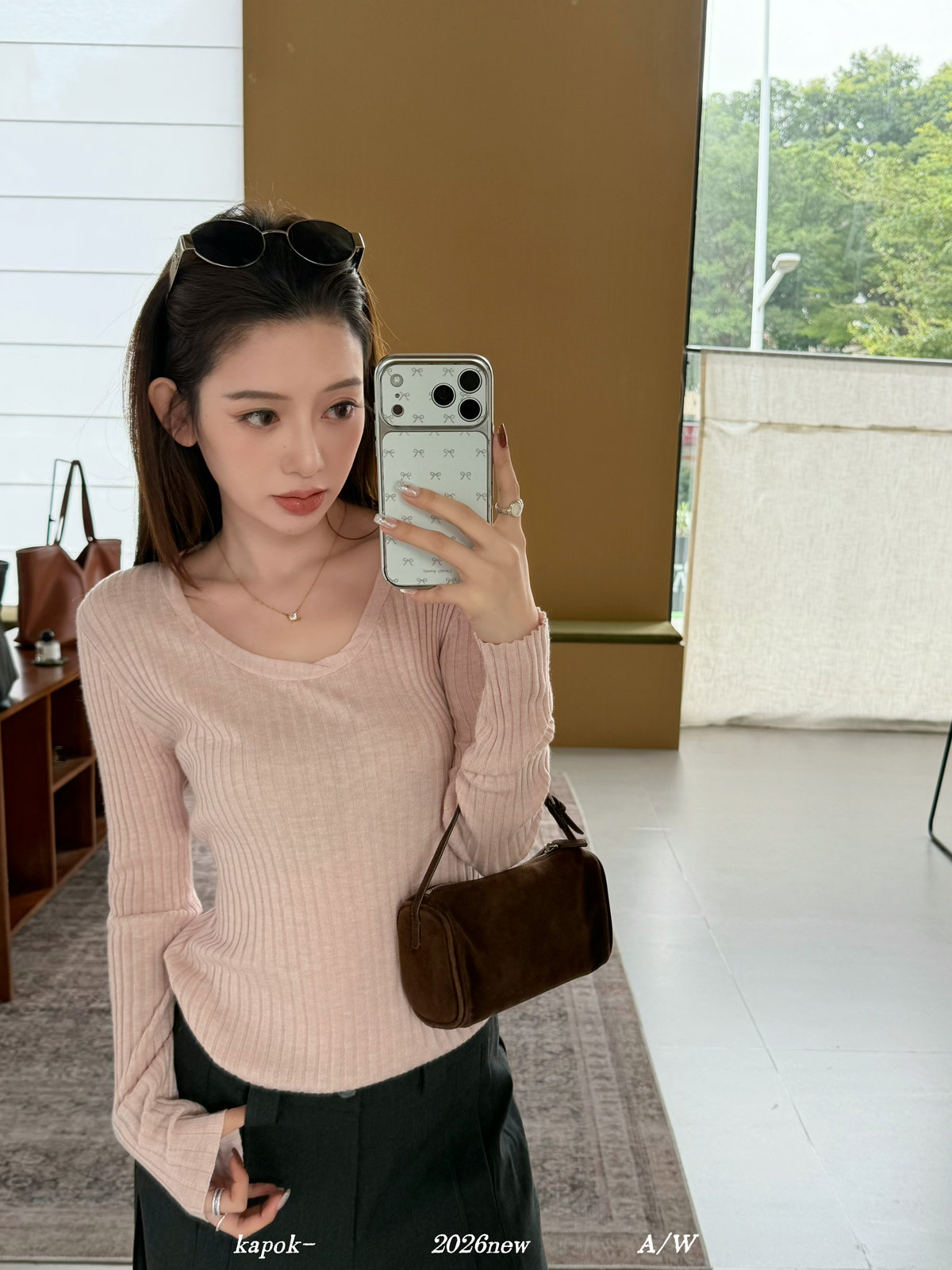 KAPOK秋新款韩版简约U领坑条百搭打底针织衫长袖上衣女26780
