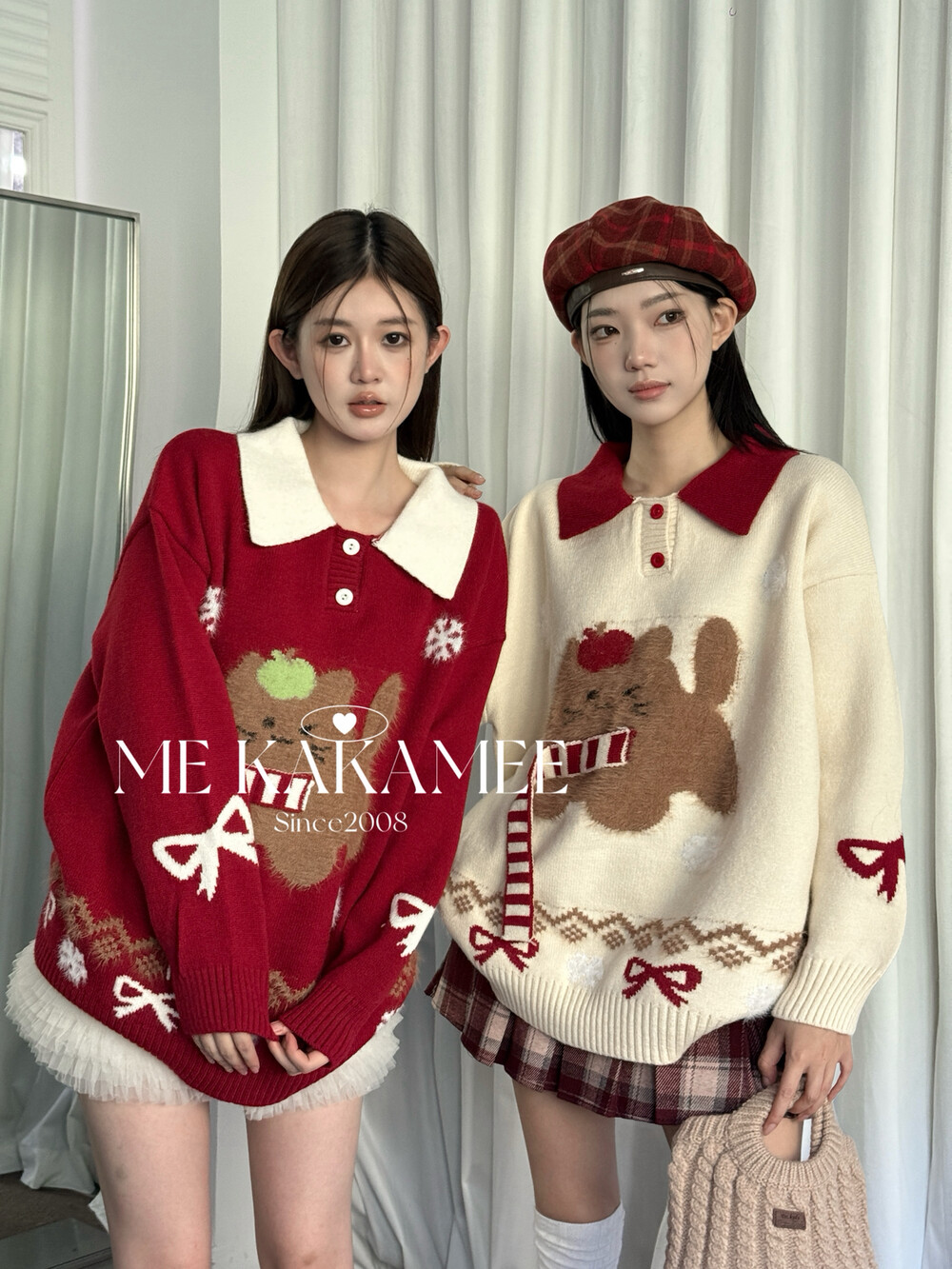 KAKAMEE冬新品圣诞氛围毛绒绒小狗围巾polo领撞色大版毛衣A3158