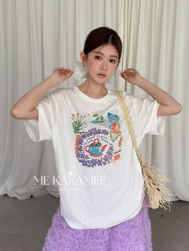 ME KAKAMEE夏新品喷画花卉立体花朵工艺设计大版面膜短袖T恤9390