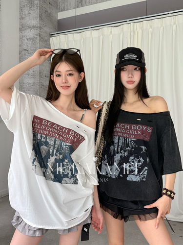 ME KAKAMEE夏新品美式复古喷画破洞毛边斜肩宽松大版短袖T恤S5178