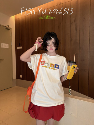 YU夏新款韩系卡通花生家族字母前后印花宽松圆领短袖T恤26105