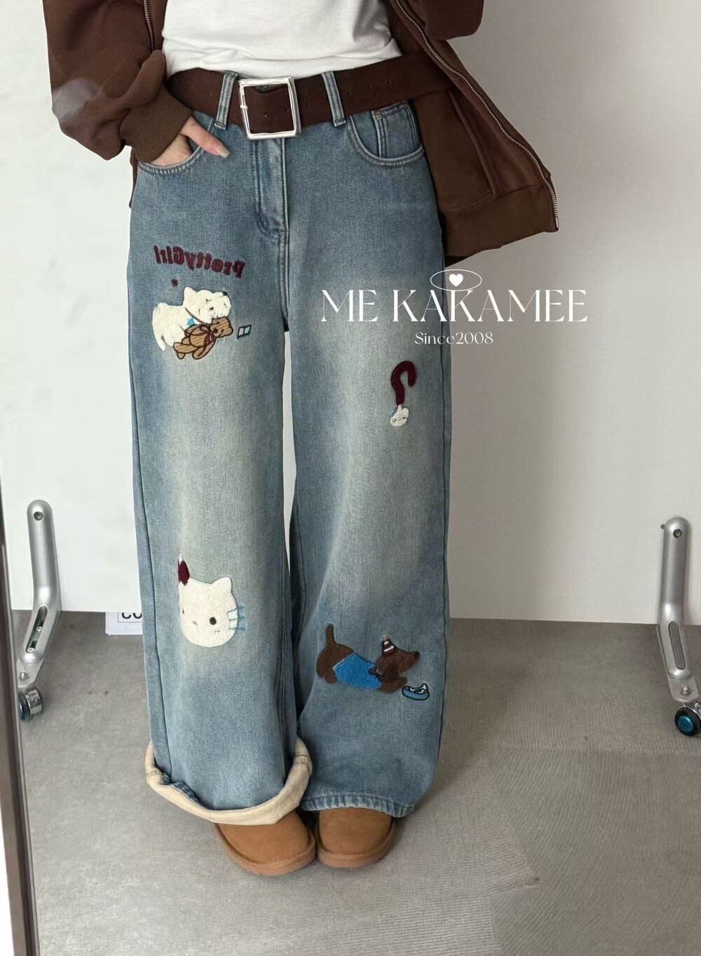 ME KAKAMEE冬新品复古洗水植绒小狗KT加绒牛仔裤 配腰带 0622