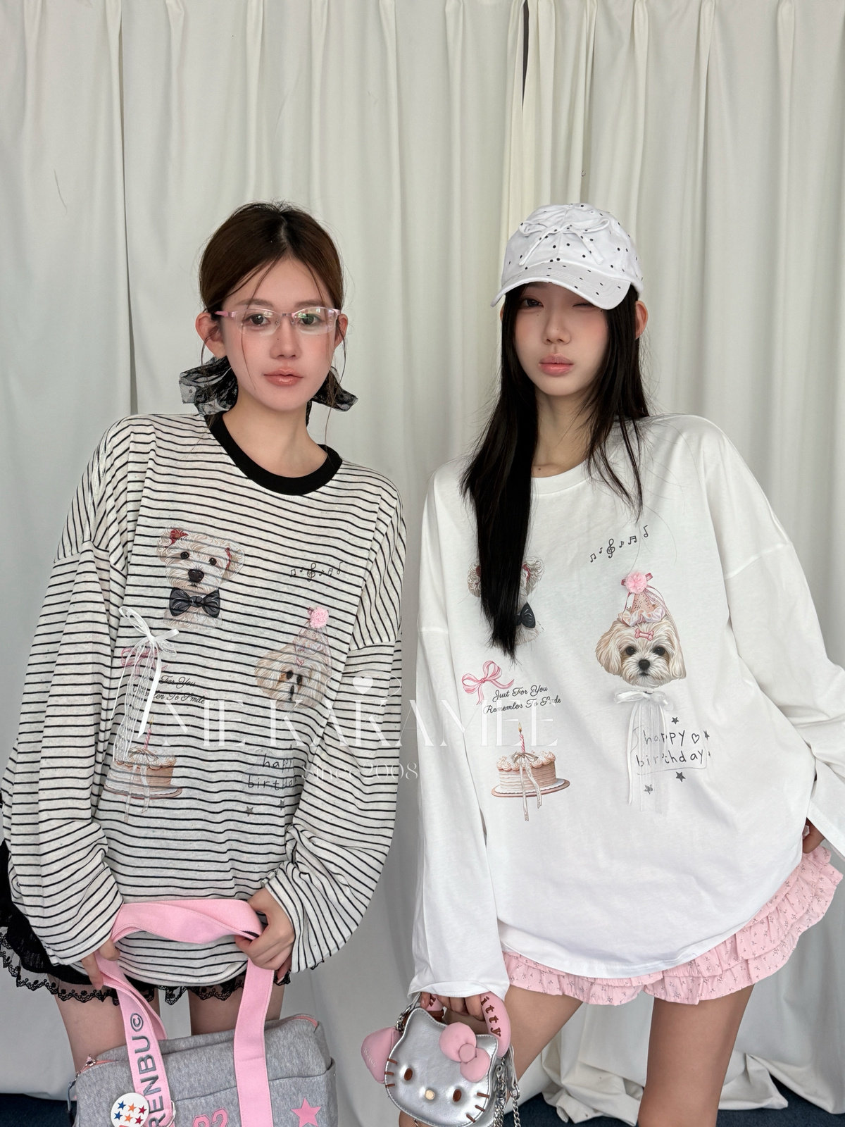 ME KAKAMEE萌宠小狗彩喷立体蝴蝶结条纹彩点宽松大版长袖T恤S5616