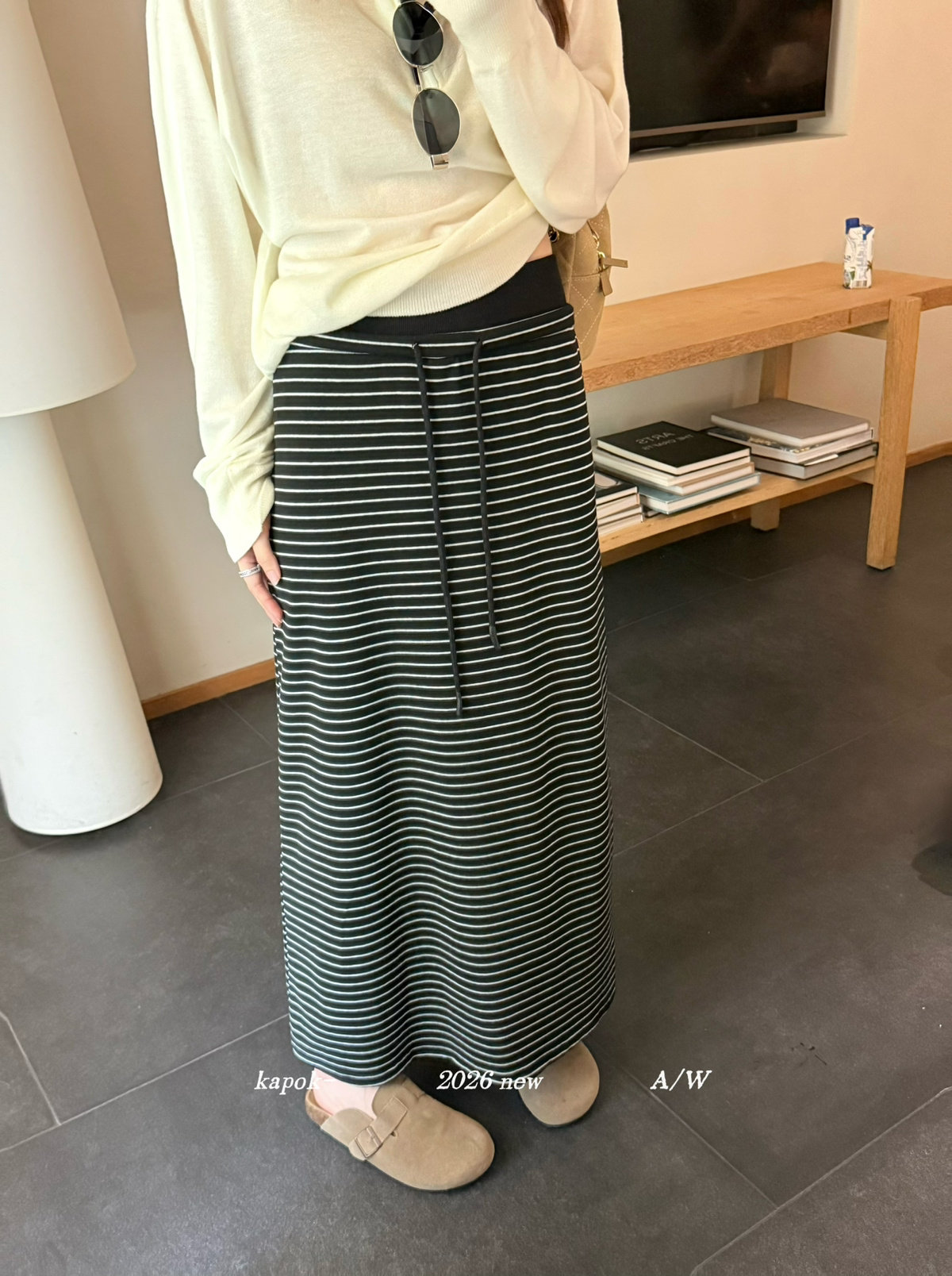 KAPOK秋新款韩版A字系带高腰撞色条纹中长裙半身裙显瘦女26489