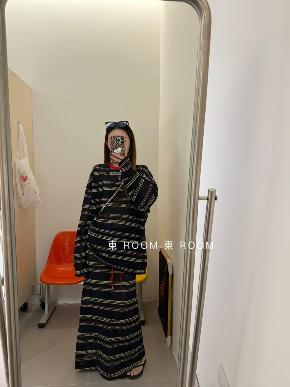 東ROOM秋新款圆领宽松条纹显瘦长袖T恤系带半身裙两件套套装女