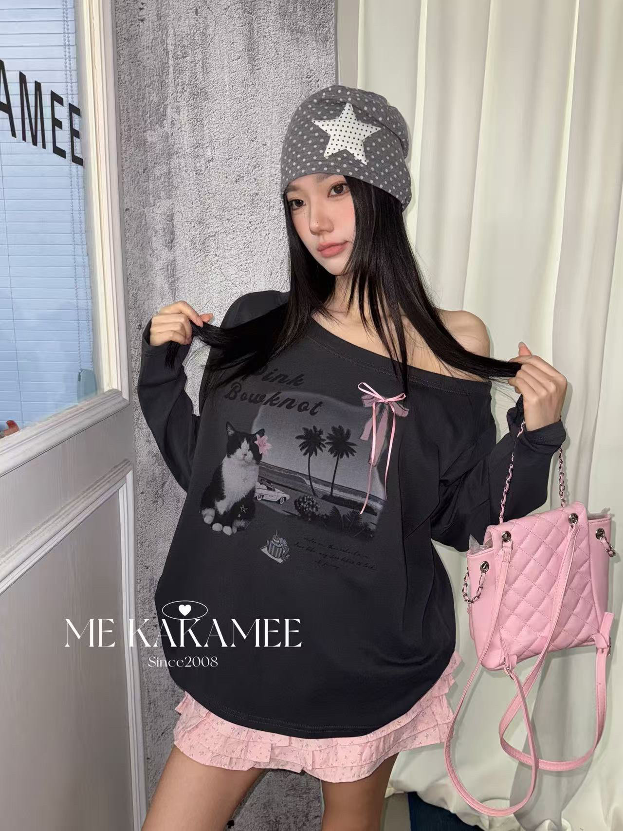 ME KAKAMEE新品喷画椰树小猫小狗系列款斜肩设计大版长袖T恤9655