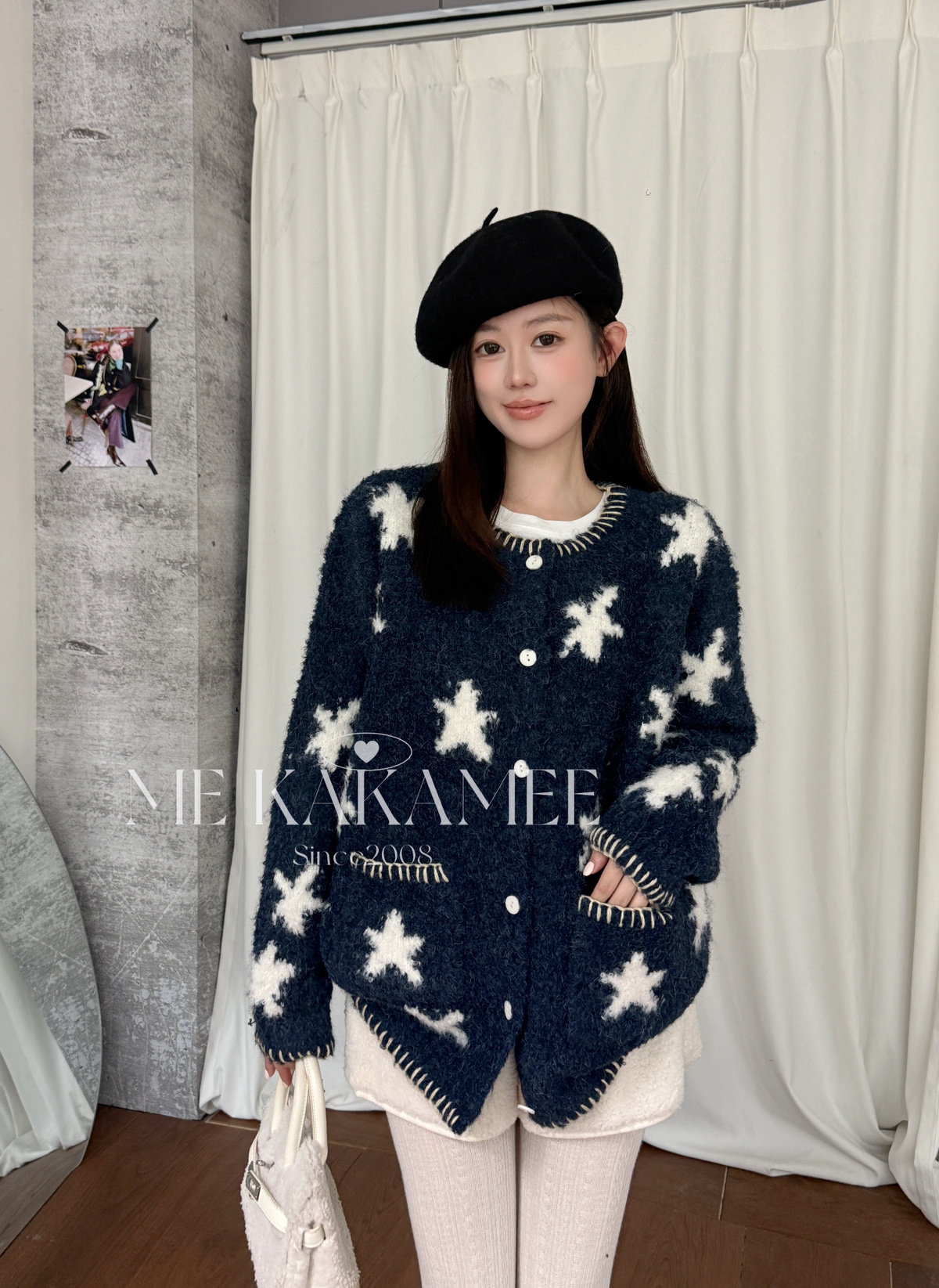 ME KAKAMEE秋新品韩系慵懒星星提花厚实开衫宽松大版毛衣A3791