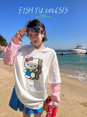 YU韩货卡通Kitty印花撞色条纹袖拼接假两件宽松圆领长袖T恤26018