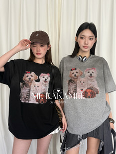T恤 S3930 短袖 萌宠家族AB面喷画水洗渐变大版 KAKAMEE新品 美式