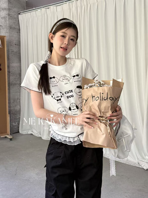 ME KAKAMEE新品卡通休闲上衣趣味小狗弹力短袖T恤女休闲9110