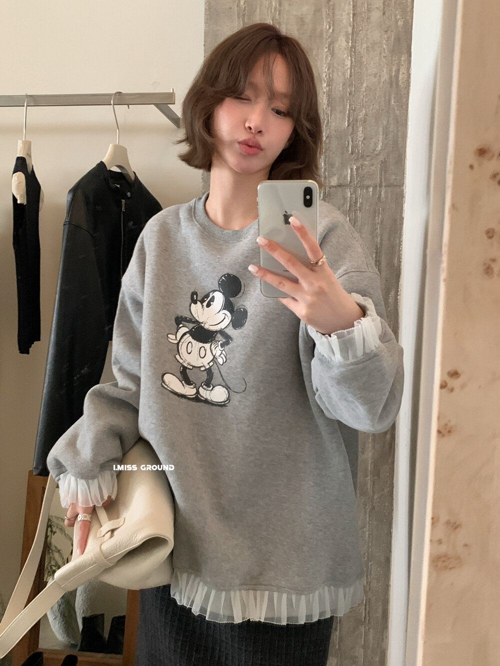 IMISS冬季新款加绒加厚蕾丝拼接卡通米奇加绒卫衣圆领上衣H70813