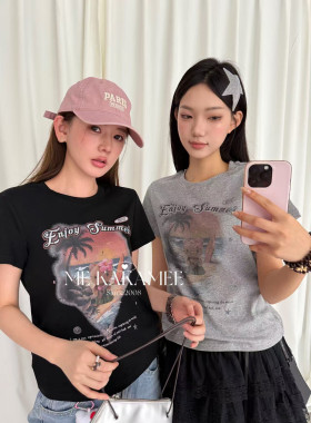 ME KAKAMEE夏季新品喷画椰树KT猫大弹力小版上衣女短袖T恤9201