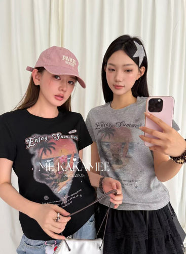 ME KAKAMEE夏季新品喷画椰树KT猫大弹力小版上衣女短袖T恤9201