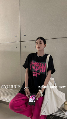 YUUUUP夏季新款韩版美式彩色字母绒面发泡印花宽松短袖T恤潮牌女