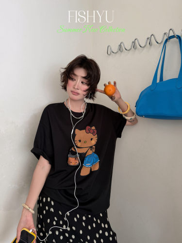 FISH YU夏韩系辣妹黑皮Kitty印花立体小包宽松圆领大版短袖T恤女