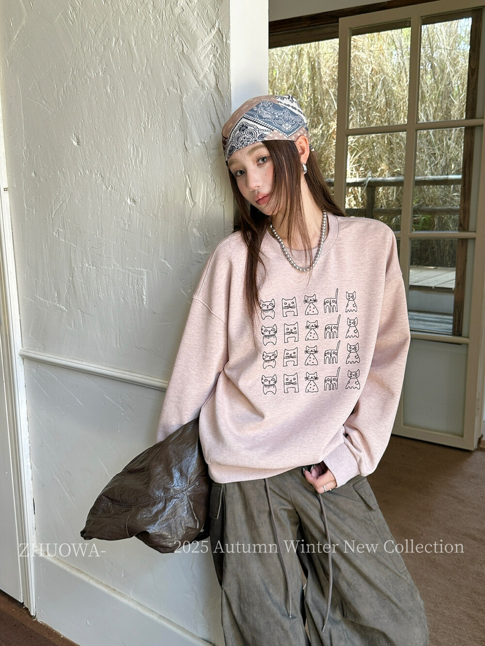 卓娃zw秋季新款卡通小猫咪印花休闲卫衣圆领上衣女韩版5073