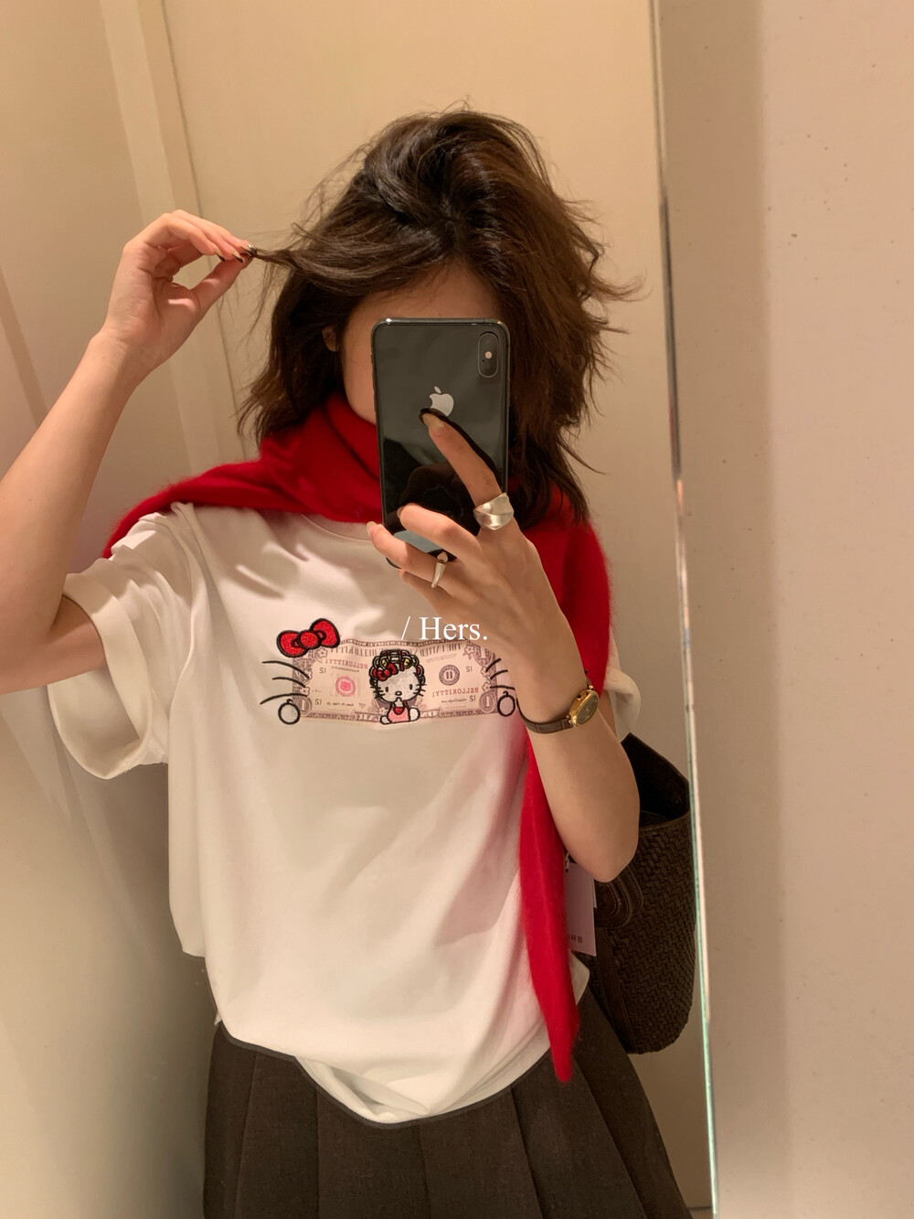 Hers秋新款韩版休闲日常休闲阔版小众kitty图案短袖T恤上衣女
