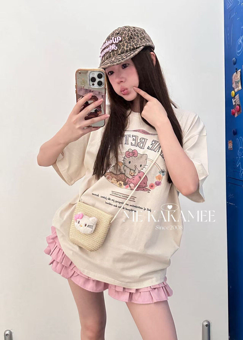 ME KAKAMEE新品喷画冰淇淋KT冰爽棉大版短袖T恤配Kitty编织包9521