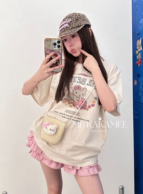 ME KAKAMEE新品喷画冰淇淋KT冰爽棉大版短袖T恤配Kitty编织包9521